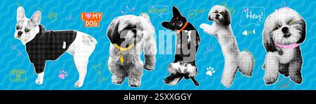 Halftone dogs in different poses with naive doodle elements. Contemporary collage for design template Stock Vector