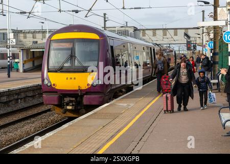 East Midlands Railway British Rail Class 170 Turbostar train at station platform, Peterborough, Cambridgeshire, England, UK Stock Photo
