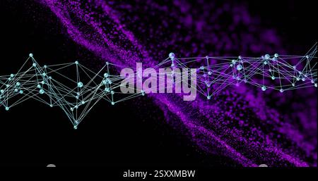 Network of connections and data processing image over purple particles on black background Stock Photo