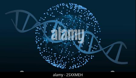 Image of spots and dna strand over globe Stock Photo