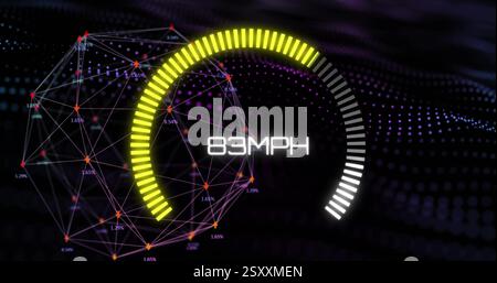 Image of speedometer moving over data processing and network of connections Stock Photo