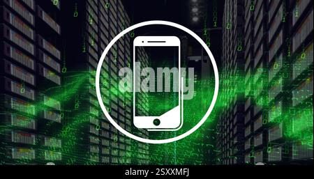 Image of smartphone icon and digital data processing over computer servers Stock Photo