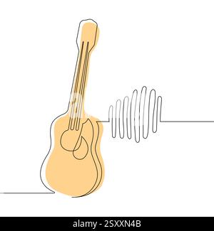 Minimalistic one continuous line drawing of a guitar with musical harmonics on a white background. Stock Vector