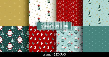 Set of Christmas seamless patterns. Flat design. Santa, Snowman, Christmas tree, champagne bottle, socks, candy cane, New year pattern for wrapping pa Stock Vector