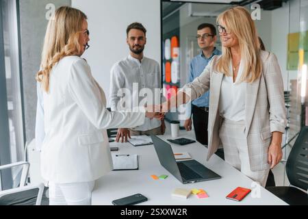 Making handshake. Group of professional business people is in the office. Stock Photo
