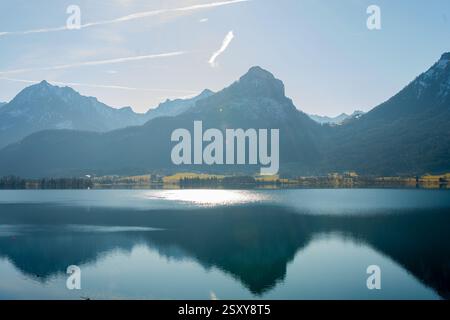 Panoramic view of the mountainous Lake Wolfgangsee with the countryside in the background Stock Photo