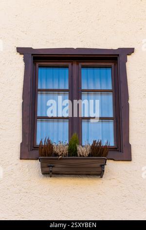 Classic facade with dark wood window - a harmonious combination of dark wood and beige walls in old European style Stock Photo