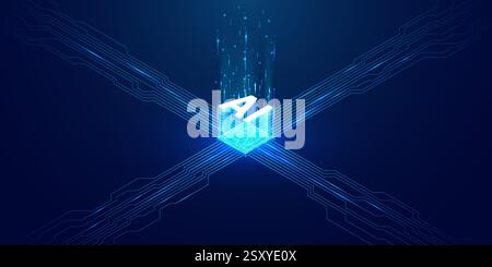 Isometric AI chip with light blue elements on technology background.  Stock Vector