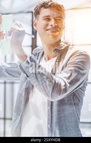 Businessman, sticky notes and work schedule for project planning Stock Photo