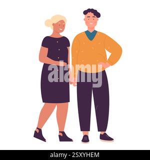 Overweight couple standing close, depicting diverse body types and contemporary fashion choices. The woman is holding her partner s arm, both smiling warmly vector illustration. Stock Vector