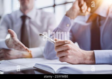 Collaboration, financial advisor and memos, legal advice or work Stock Photo