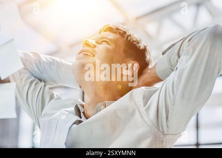 Businessman, sticky notes and work schedule for project planning Stock Photo