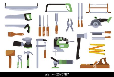 Woodworking tool set. Stickers collection. Electric saw. Plane and axe. Woodcutter professional equipment, carpenter working, construction instrument Stock Vector