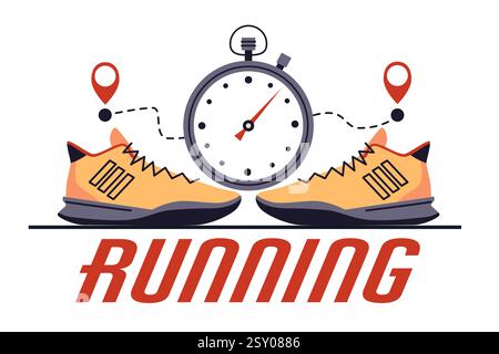 Time for run. Running sneakers, stopwatch and route with mad pin. Icon application for smartphone. Healthy active lifestyle. Jogging and training Stock Vector