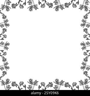Flourish frame with blossom elements. Trendy graphic template. Cute clover empty frame box. Hand drawn vector illustration isolated on white backgroun Stock Vector