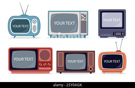 Set old televisions with text. Frame with copy space. Old media technology. 80s, old-fashioned device, classic vintage tv. Empty analog display Stock Vector