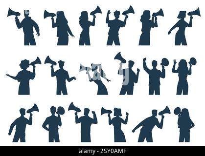 Silhouettes of people with megaphones. Different men and women hold loudspeakers. Propaganda or activist agitation. Characters promotion speech Stock Vector