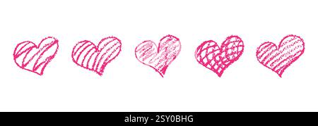Set of pink hearts signs drawn by wax pencil. Love symbols in doodle style. Collection of hand drawn kid hearts elements shaded with diagonal lines Stock Vector