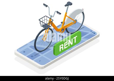 An isometric, vector illustration of an orange city bike atop a smartphone map interface with a large Rent button, symbolizing a bike rental app Stock Vector