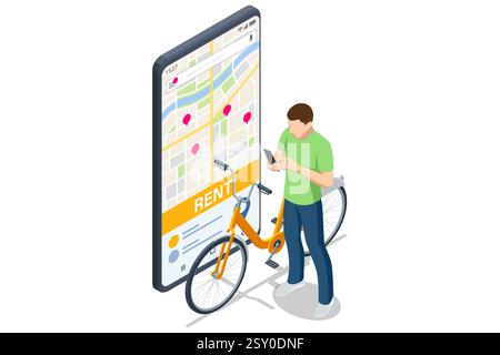 Bike rental. An isometric, vector illustration of a man using a phone app in front of a giant map screen labeled Rent, next to his orange bicycle Stock Vector