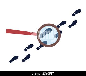 Searching traces with magnifying glass. Detective following footprint, finding and investigation. Walking boots steps, shoes black stamps. Cartoon Stock Vector