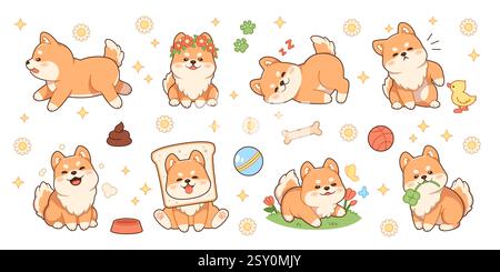 Kawaii shiba dog. Funny pets characters, different actions, fluffy domestic animals, cute mascot, japanese breed, akita ken pup, grooming logo Stock Vector