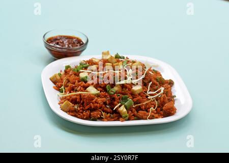 Schezwan paneer fried rice with schezwan sauce, Chinese fried rice with paneer, garnished with spring onion and cabbage Stock Photo
