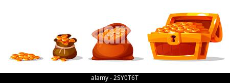 Different ways to store gold coins. Wooden chest, packet and stack with golden shiny treasure. medieval treasures, pirate trophy. Game ui isolated Stock Vector