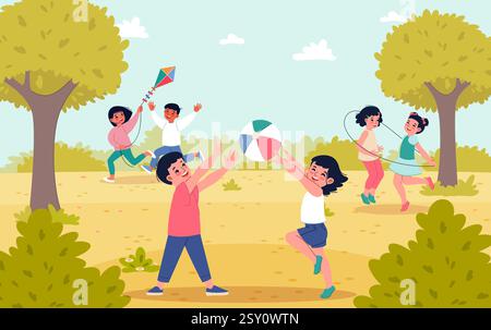 Children playing ball in nature. Happy boys and girls play outdoor active games, ball and flying kite. Summer park and green meadow. Friends on Stock Vector