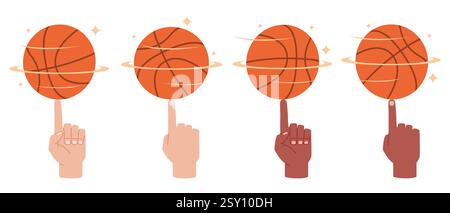 Basketball spins on your finger. Different hand skin colors, spinning ball. Professional athlete arms front and back, rotate. Colorful icon. Cartoon Stock Vector