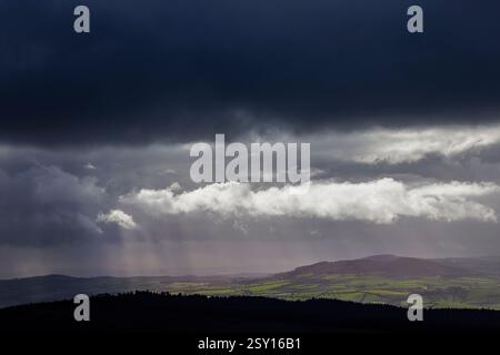 Storm clouds and rain approaching the Grianan of Aileach, Co. Donegal, Ireland Stock Photo