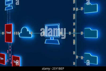 Data or file transfer, internet, firewall, cloud computing, spam filter, protection, security. Data or file transfer, internet, firewall, cloud computing, spam filter, protection, security. Firewall stops threats and spam to infiltrate the computer cloud, protects the desktop user. 3D illustration img technology049s03 firewall file transfer Stock Photo