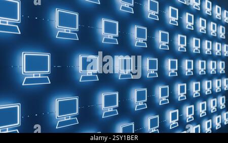 RECORD DATE NOT STATED Close up computer network with desktop PC s. Close up computer network with desktop PC s. System configuration, IT security, cloud computing, data, transfer, digital connections. 3D illustration img technology050s05 data transfer Stock Photo
