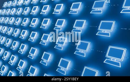 RECORD DATE NOT STATED Close up computer network with desktop PC s. Close up computer network with desktop PC s. System configuration, IT security, cloud computing, data, transfer, digital connections. 3D illustration img technology050s06 data transfer Stock Photo