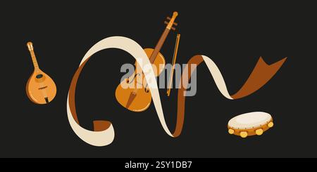 Musical instruments arranged with ribbons in a creative artistic design on a black background Stock Vector