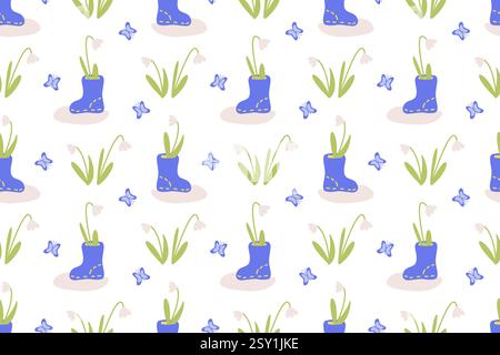 Seamless spring pattern with the first flowers of snowdrops and rubber boots, melting snow. A delicate background symbolizing the beginning of spring. Stock Vector