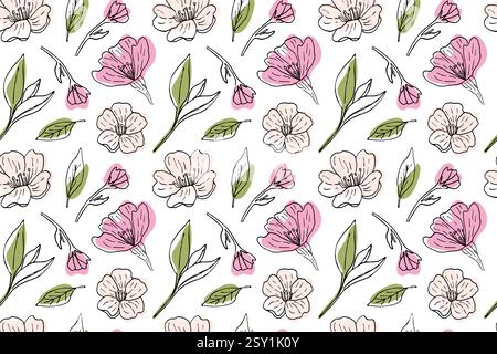 Seamless pattern with cherry blossoms, Japanese cherry blossoms. Delicate pink buds and leaves, hand-drawn vector pattern. Spring - summer ornament for fabric, wallpaper, clothes. Sketch illustration. Stock Vector