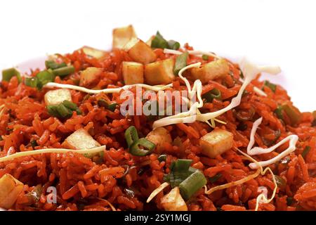 Schezwan paneer fried rice with schezwan sauce, Chinese fried rice with paneer, garnished with spring onion and cabbage Stock Photo