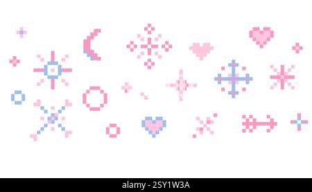 Pixel star sparkle cute retro 8 bit sparkle seamless border. Shiny pink ...