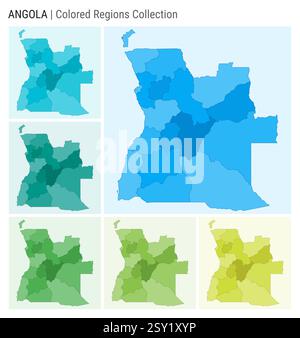 Angola map collection. Country shape with colored regions. Light Blue, Cyan, Teal, Green, Light Green, Lime color palettes. Stock Vector