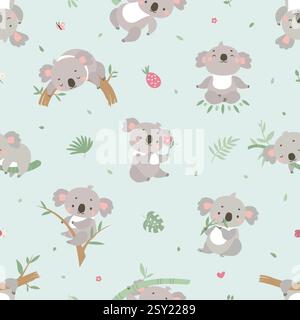 Koala print seamless pattern. Stylish baby backdrop with australian animals. Funny koalas, fabric wallpaper wrapping print, nowaday vector background Stock Vector