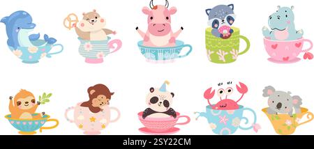 Animals sitting in mugs. Different animal looking from cups. Cartoon positive hamster and dolphin, sleeping monkey, birthday panda, nowaday vector set Stock Vector