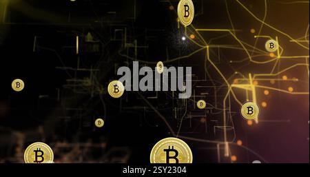 Image of bitcoin icons, digital data processing over network of connections Stock Photo
