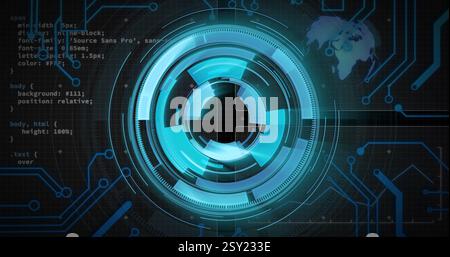 Futuristic digital interface with rotating blue circles and coding image Stock Photo