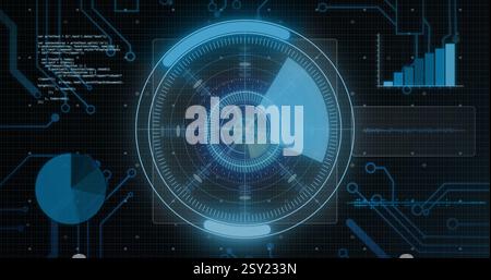 Rotating circular interface with digital elements, futuristic image over grid background Stock Photo