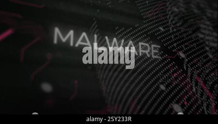 Image of digital data processing and connections with malware text Stock Photo