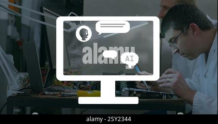 Image of ai chatbot icons on computer screen over diverse engineers Stock Photo