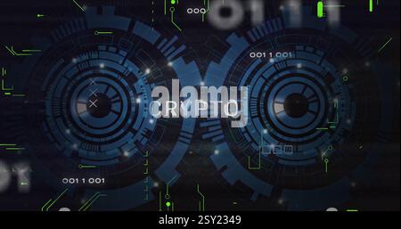 Image of crypto text and scope scanning over data processing Stock Photo