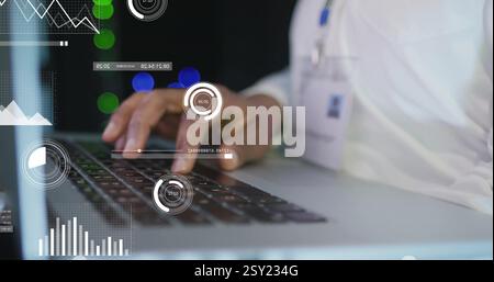 Image of data processing and diagrams over biracial male worker using laptop in server room Stock Photo