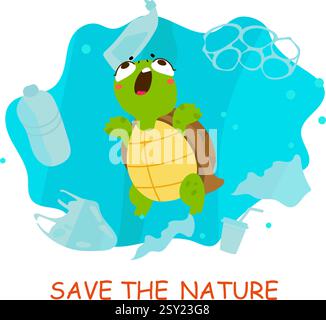 Cartoon turtle and garbage. Trash in ocean or sea, problem of water and planet pollution. Environment, accumulation of waste and its negative impact Stock Vector